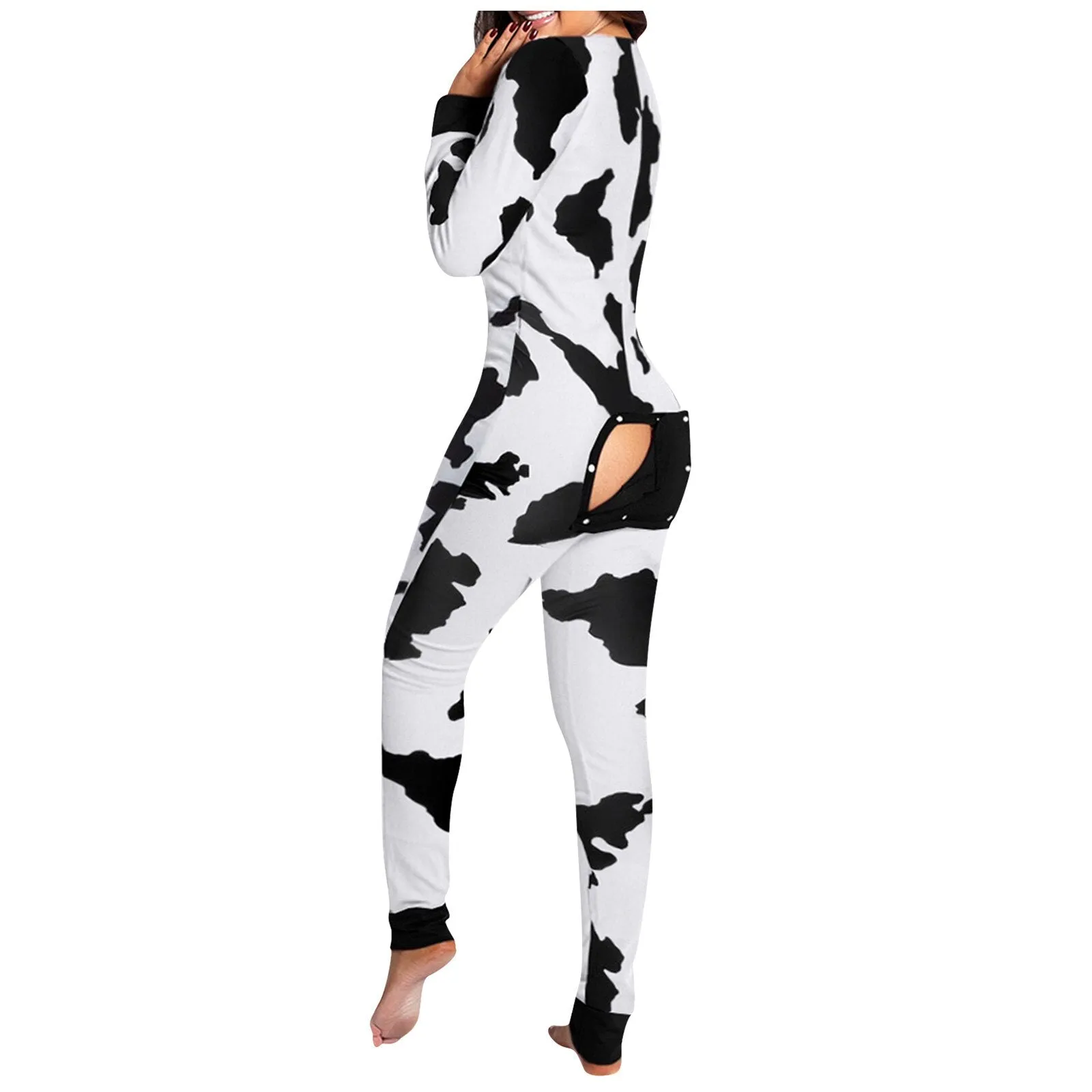 Onesies Print Jumpsuit Women Casual Long Sleeve Button-down Front Functional Buttoned Flap Adults Playsuit Pajamas