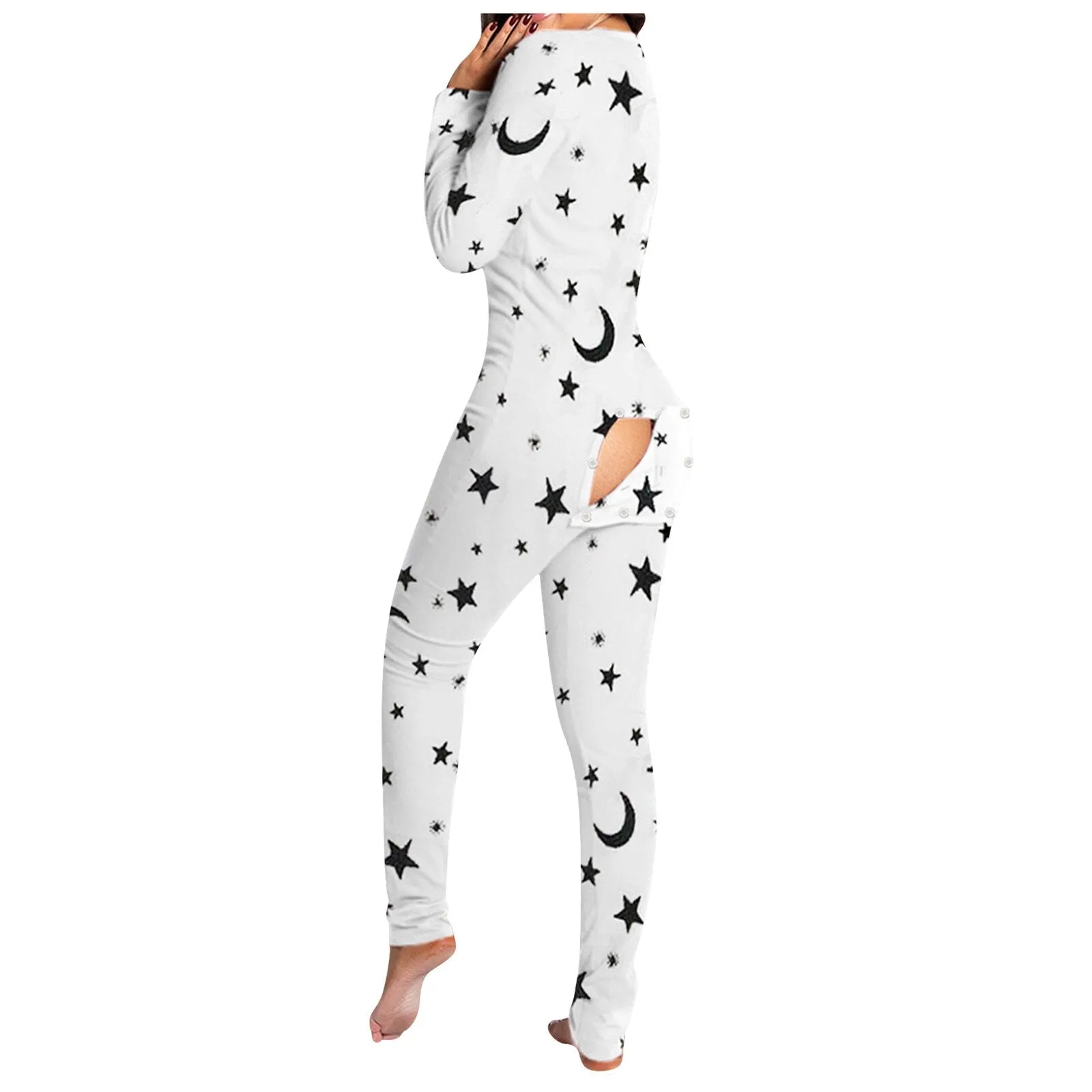 Onesies Print Jumpsuit Women Casual Long Sleeve Button-down Front Functional Buttoned Flap Adults Playsuit Pajamas