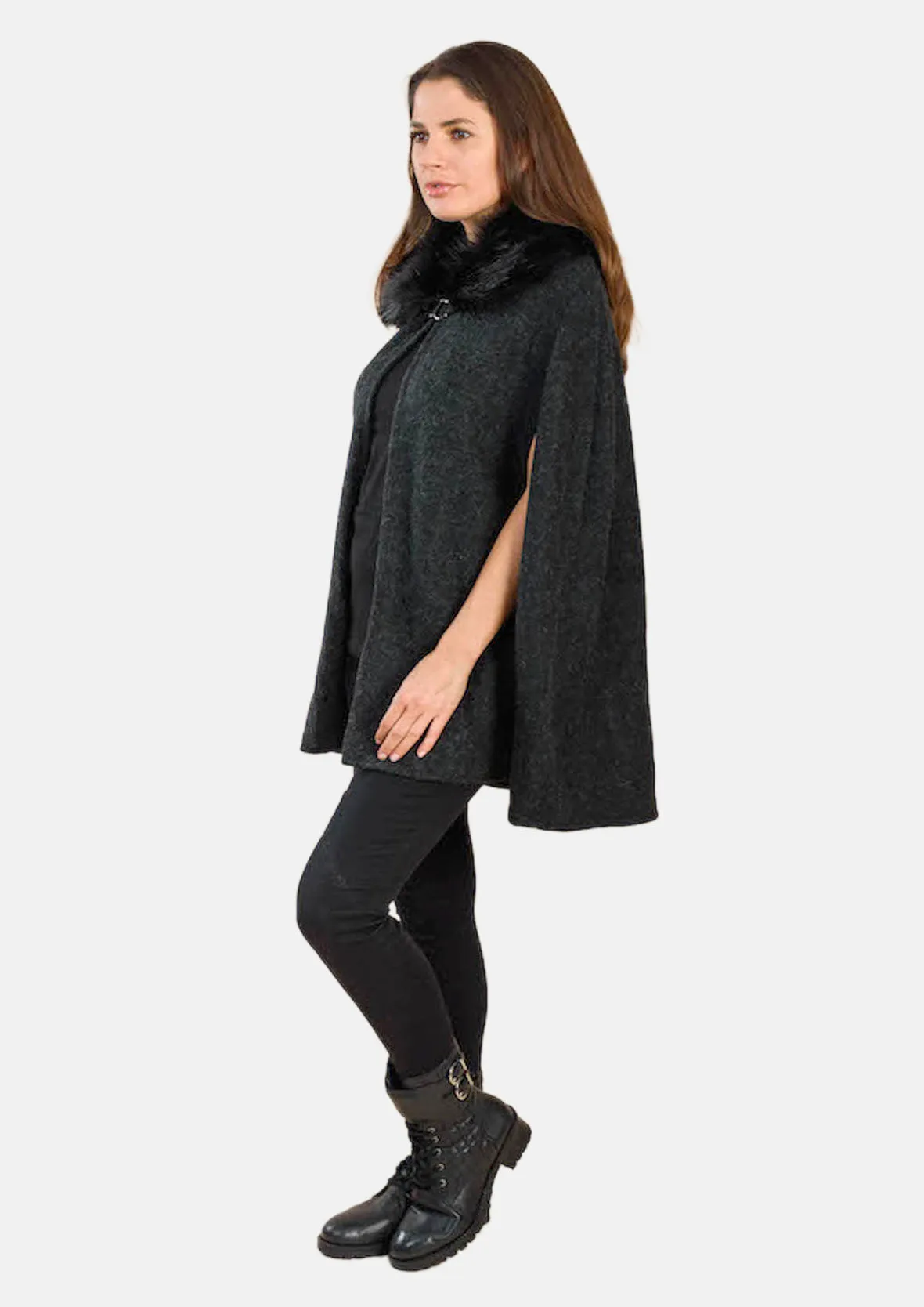 Open Front Faux Fur Collar Cape