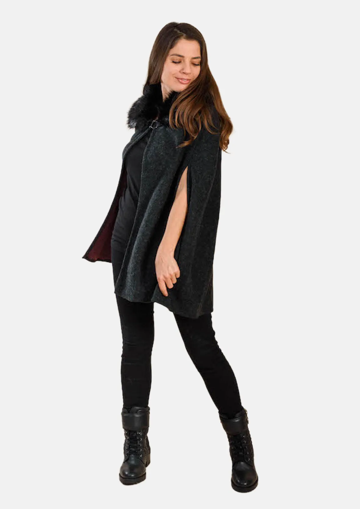 Open Front Faux Fur Collar Cape