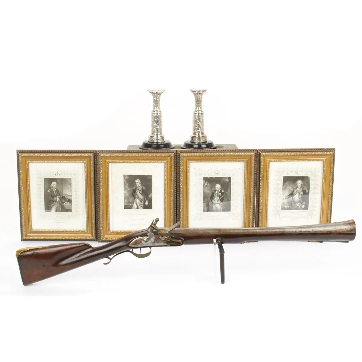 Original 1798 Battle of the Nile Set- French Blunderbuss, British Naval Candlesticks and Prints