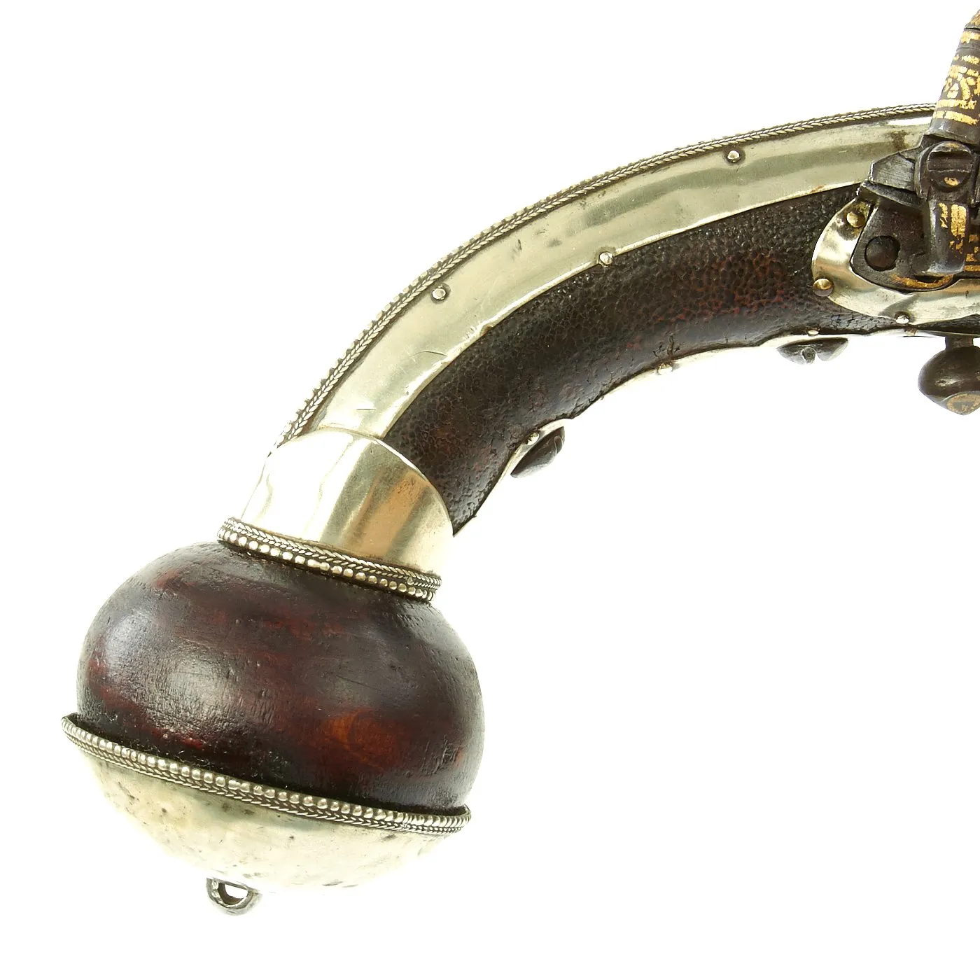 Original 18th Century Cossack Silver-mounted Miquelet Ball Butt Pistol with Gold Inlay c.1760-1800