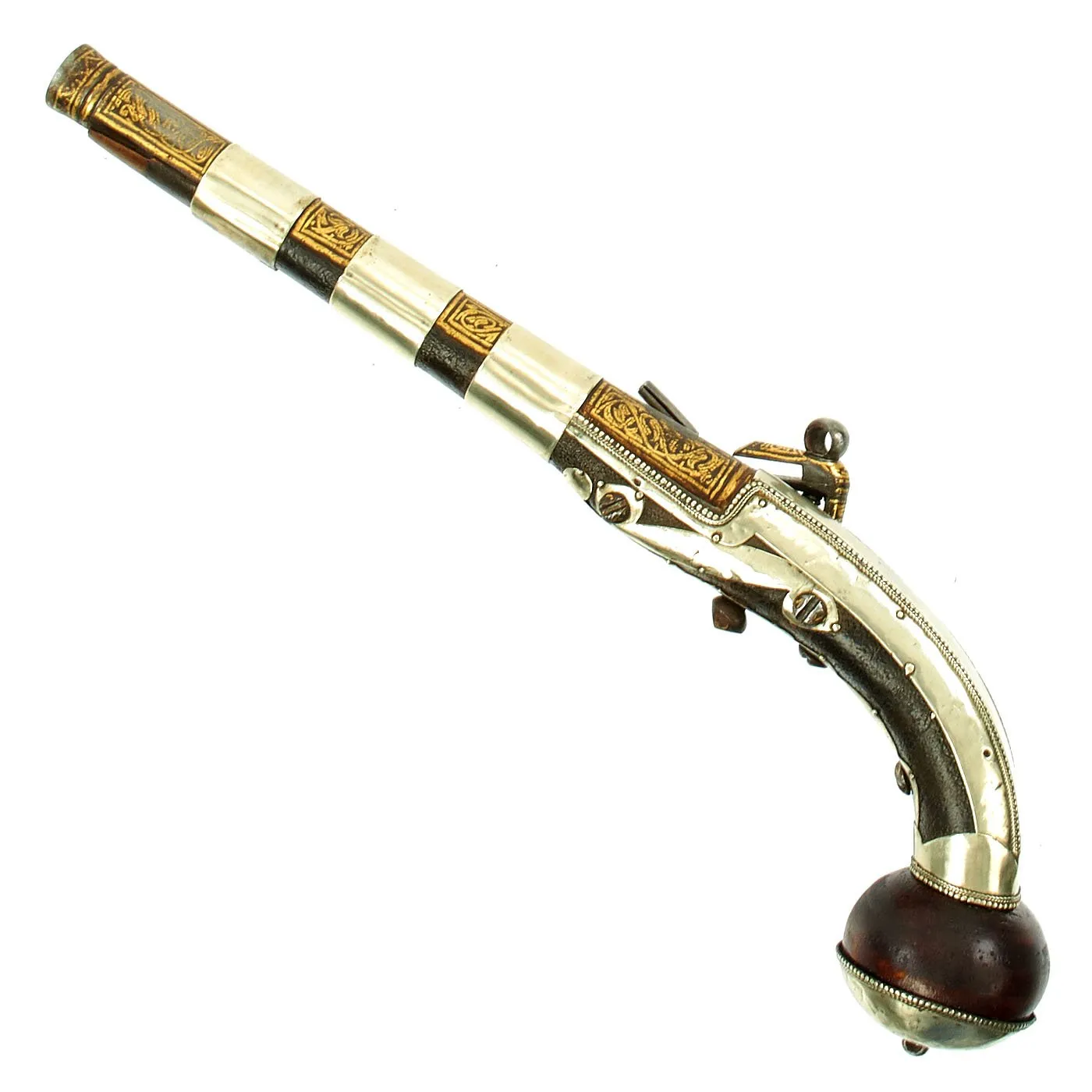 Original 18th Century Cossack Silver-mounted Miquelet Ball Butt Pistol with Gold Inlay c.1760-1800