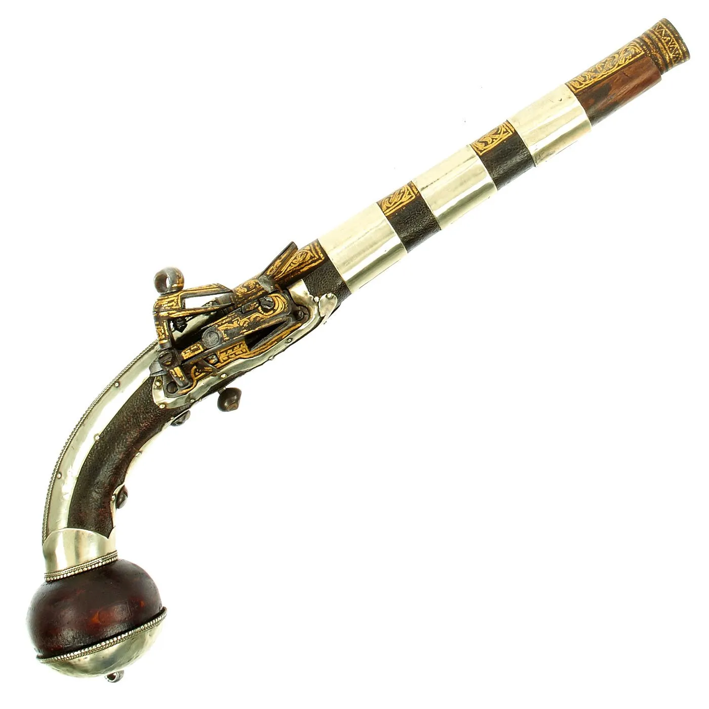 Original 18th Century Cossack Silver-mounted Miquelet Ball Butt Pistol with Gold Inlay c.1760-1800