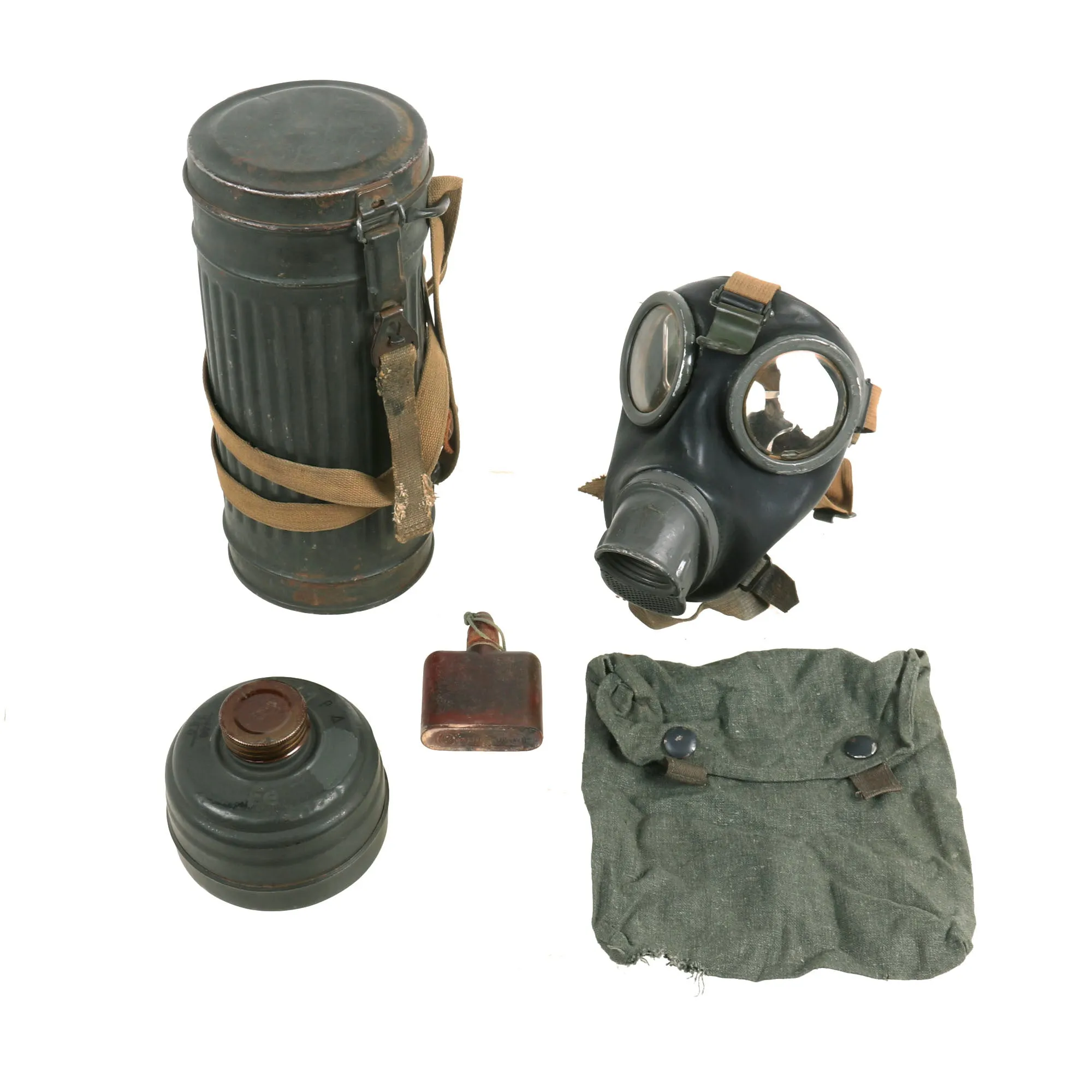 Original German WWII M38 Gas Mask With FE 41 Filter and Canister with Gas Cape Bag - Dated 1942 & 1944