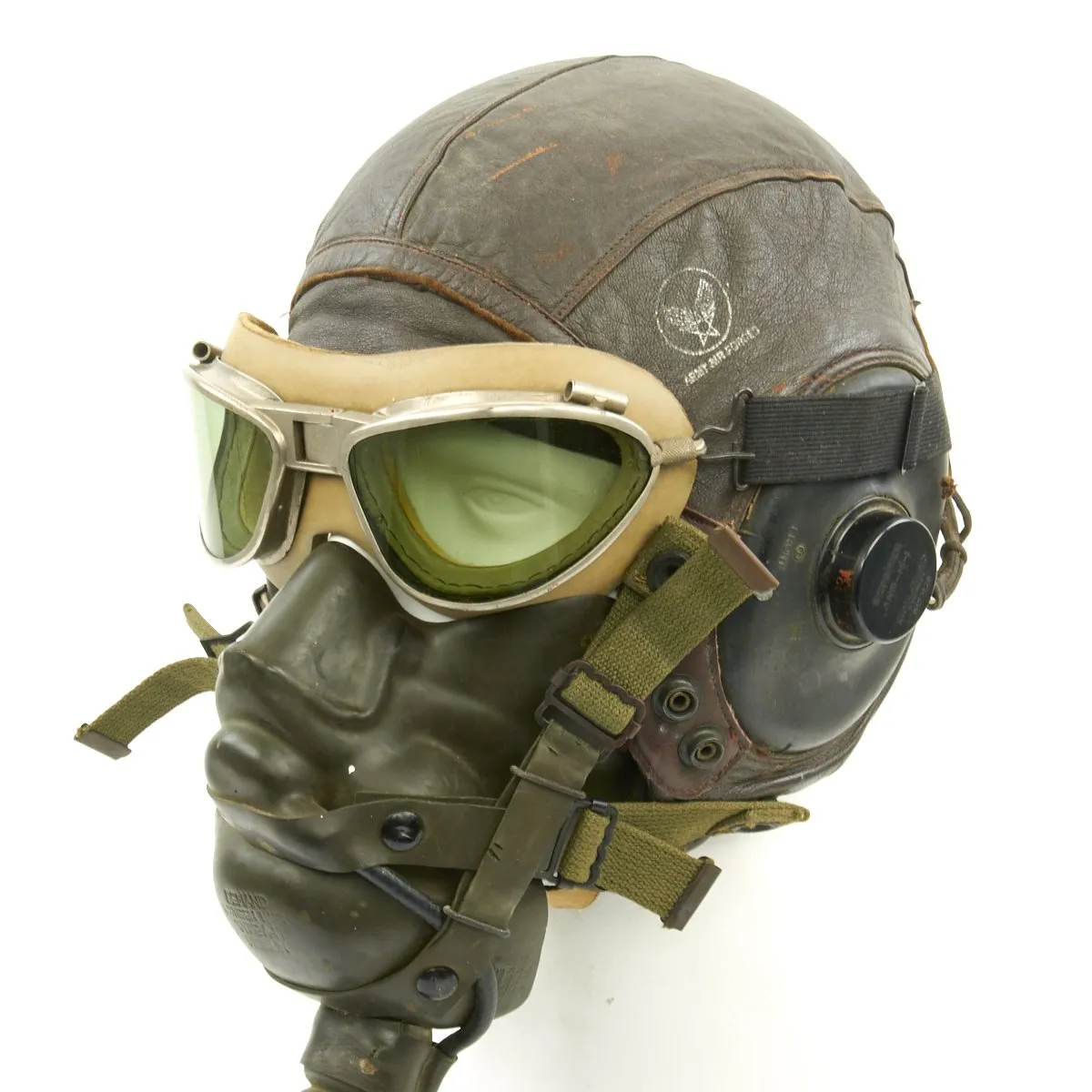 Original U.S. WWII Army Air Force Aviator Flight Helmet Set - AN6530 Green Goggles, A-14 Mask, A-11 Helmet