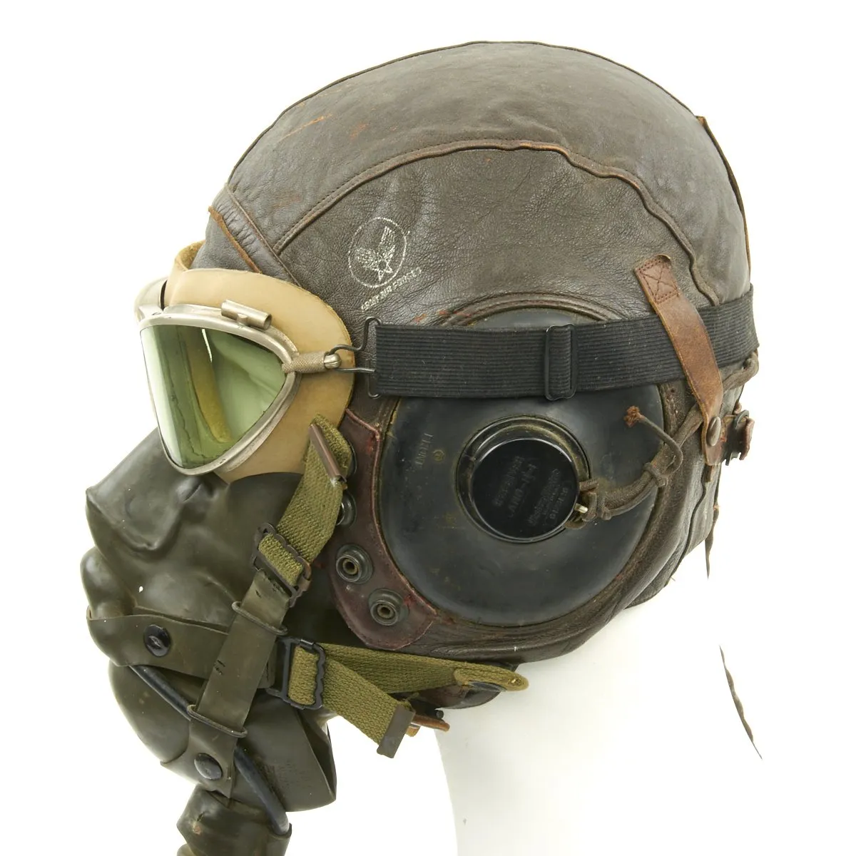 Original U.S. WWII Army Air Force Aviator Flight Helmet Set - AN6530 Green Goggles, A-14 Mask, A-11 Helmet