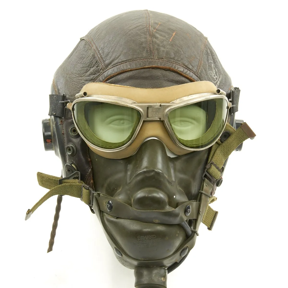 Original U.S. WWII Army Air Force Aviator Flight Helmet Set - AN6530 Green Goggles, A-14 Mask, A-11 Helmet