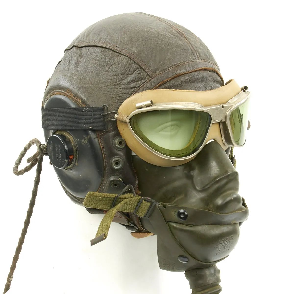 Original U.S. WWII Army Air Force Aviator Flight Helmet Set - AN6530 Green Goggles, A-14 Mask, A-11 Helmet