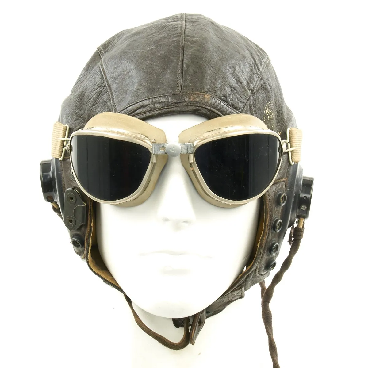 Original U.S. WWII Army Air Force Aviator Flight Helmet Set - AO Blue Goggles, A-14 Mask, A-11 Helmet