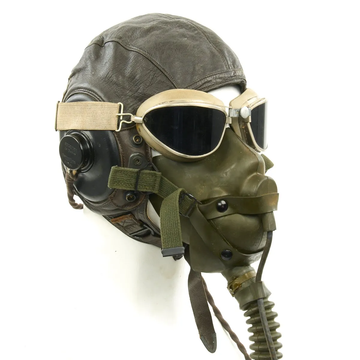 Original U.S. WWII Army Air Force Aviator Flight Helmet Set - AO Blue Goggles, A-14 Mask, A-11 Helmet