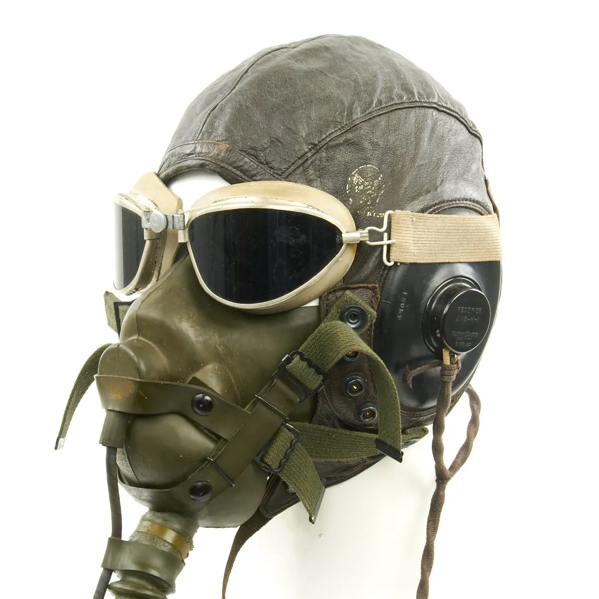 Original U.S. WWII Army Air Force Aviator Flight Helmet Set - AO Blue Goggles, A-14 Mask, A-11 Helmet