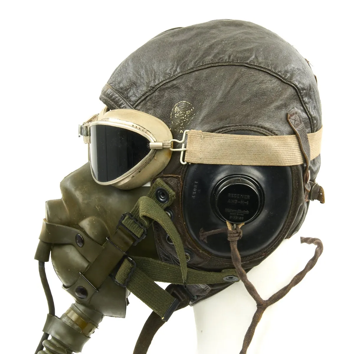 Original U.S. WWII Army Air Force Aviator Flight Helmet Set - AO Blue Goggles, A-14 Mask, A-11 Helmet