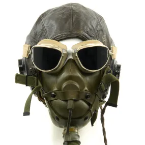 Original U.S. WWII Army Air Force Aviator Flight Helmet Set - AO Blue Goggles, A-14 Mask, A-11 Helmet