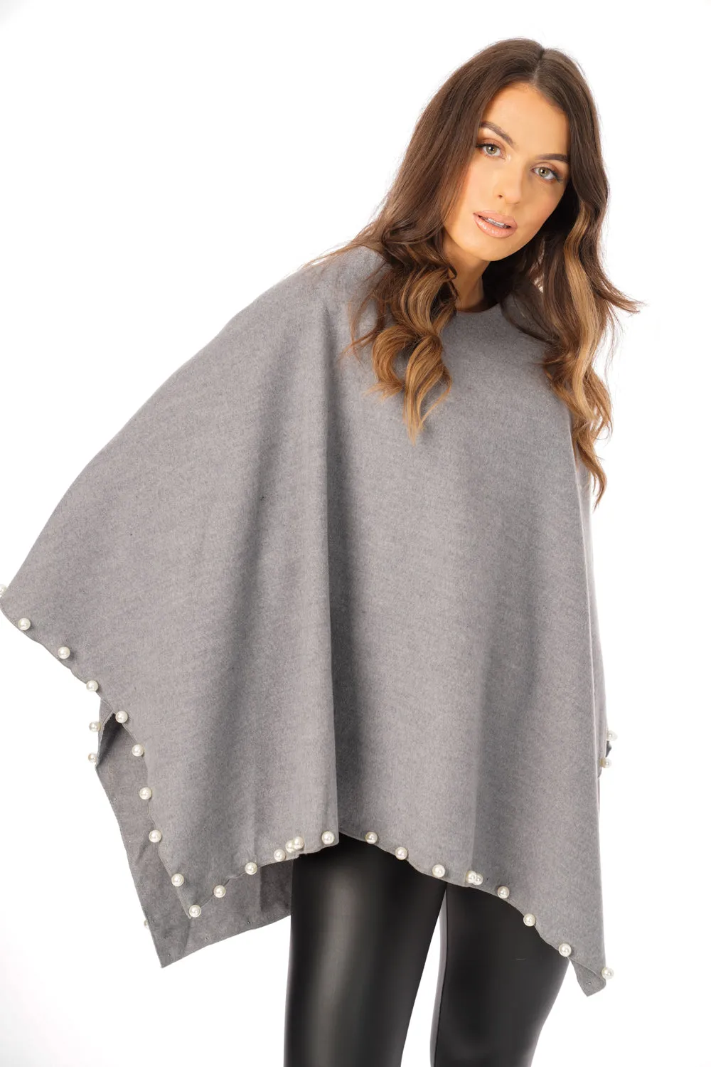 Oversized Felt Pull Over Poncho with Pearl Detail