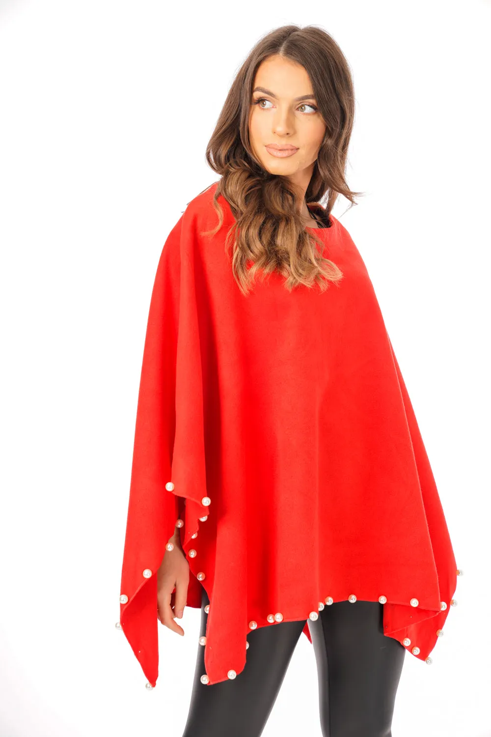 Oversized Felt Pull Over Poncho with Pearl Detail