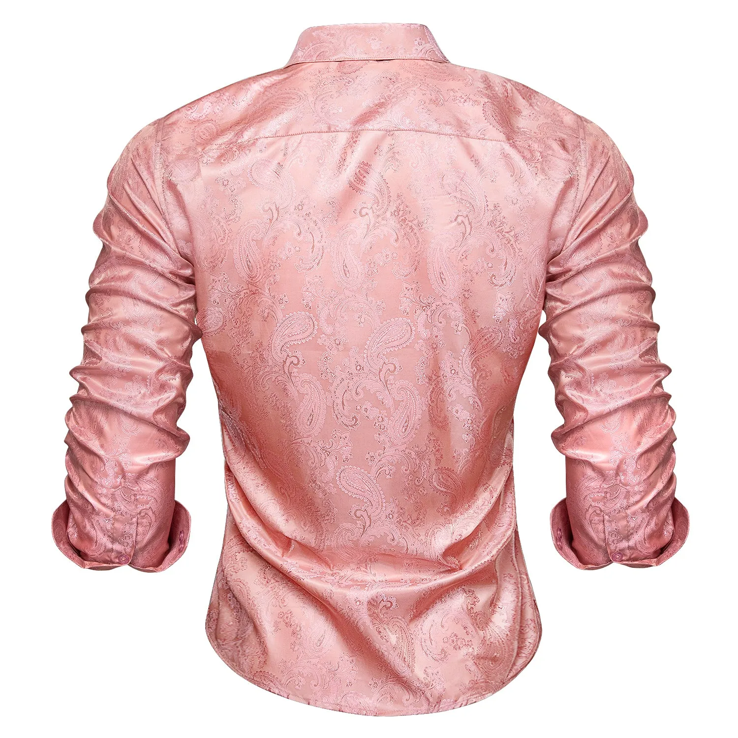 Peach Pink Paisley Men's Silk Dress Long Sleeve Shirt