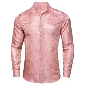 Peach Pink Paisley Men's Silk Dress Long Sleeve Shirt