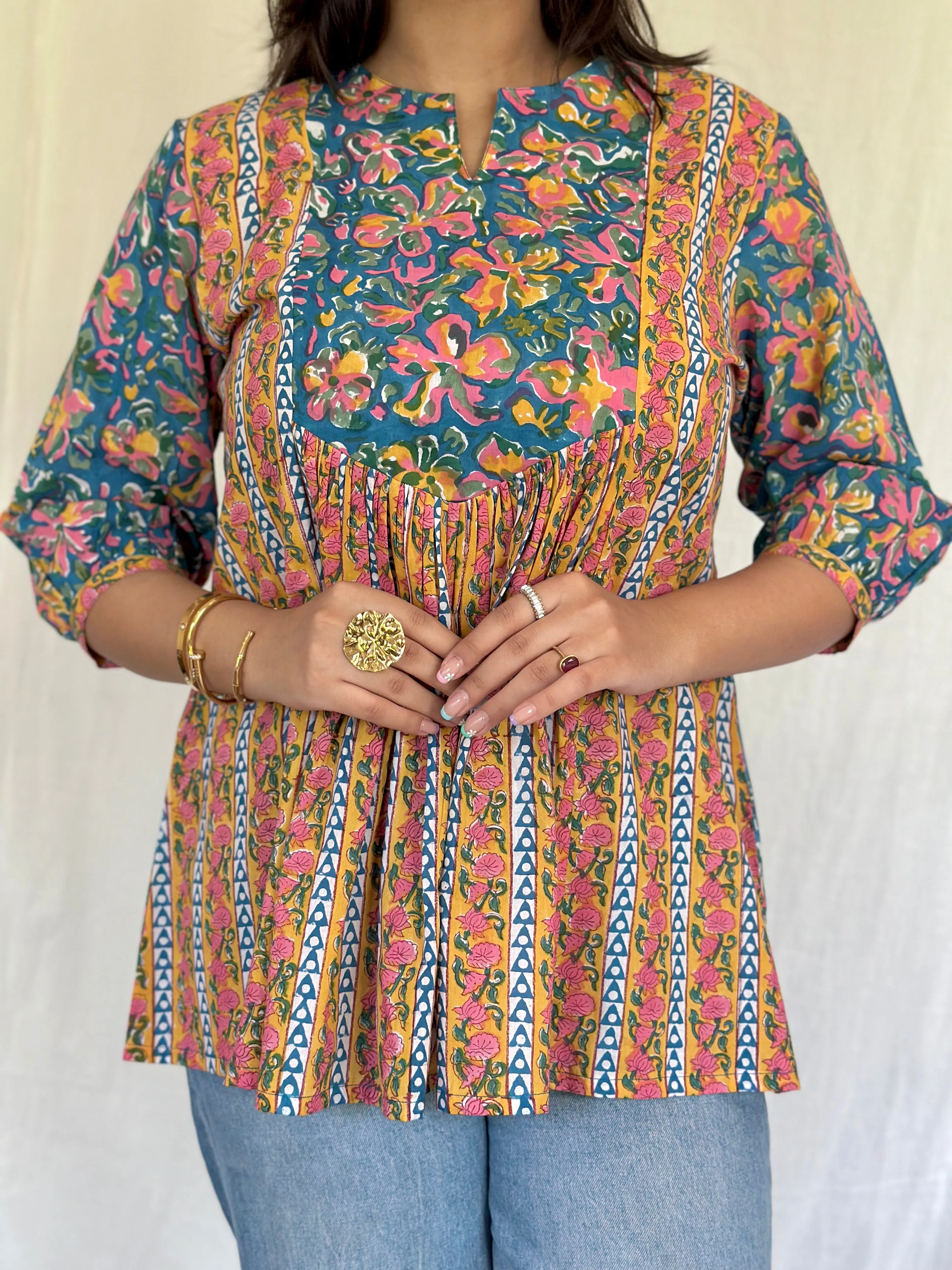 Periwinkle Yellow Gather Short Kurti