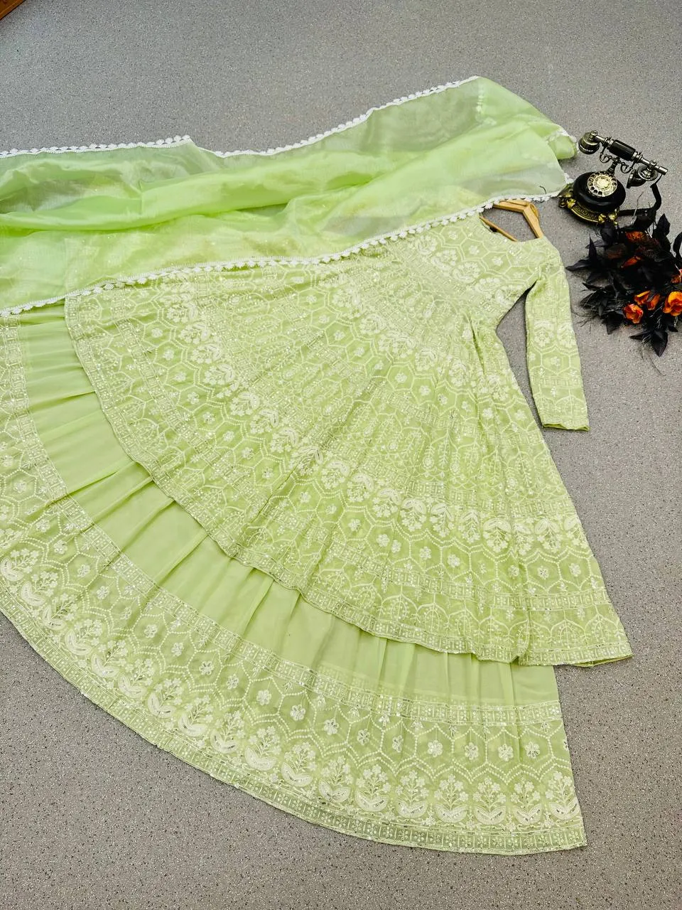 Pista Green Lehenga Suit in Faux Georgette with Heavy Embroidery