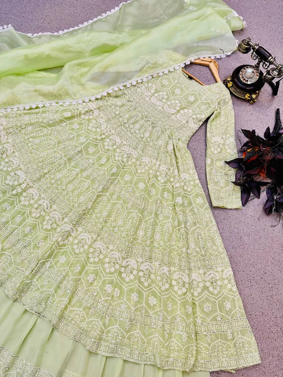 Pista Green Lehenga Suit in Faux Georgette with Heavy Embroidery