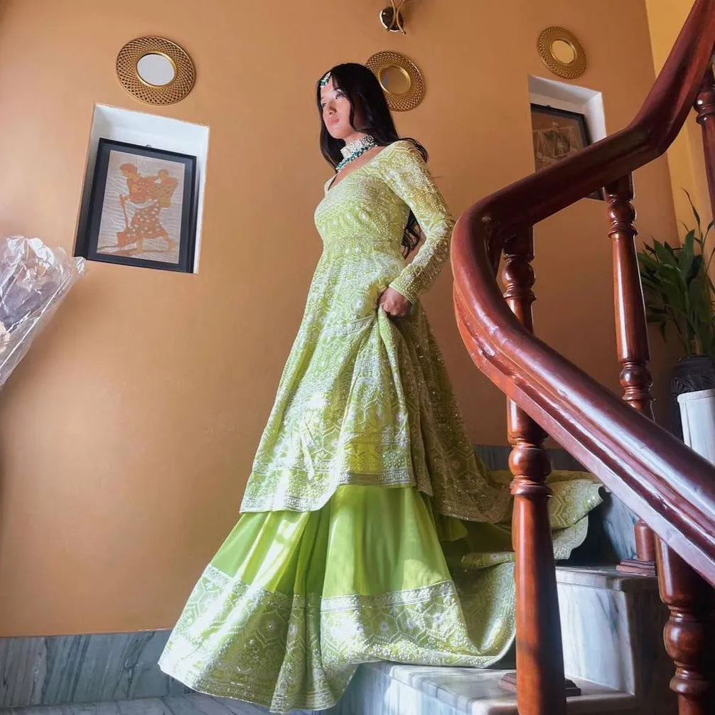 Pista Green Lehenga Suit in Faux Georgette with Heavy Embroidery