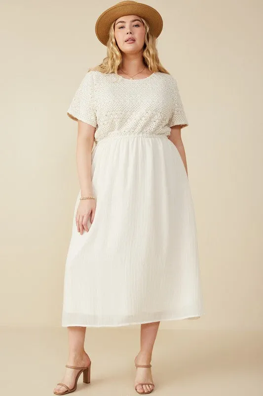 Plus Crochet Mix Media Midi Dress 8553 in Ivory