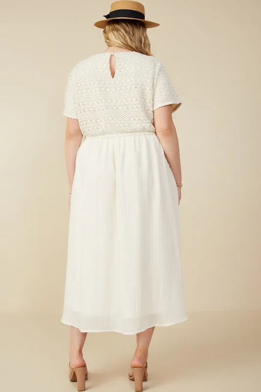 Plus Crochet Mix Media Midi Dress 8553 in Ivory