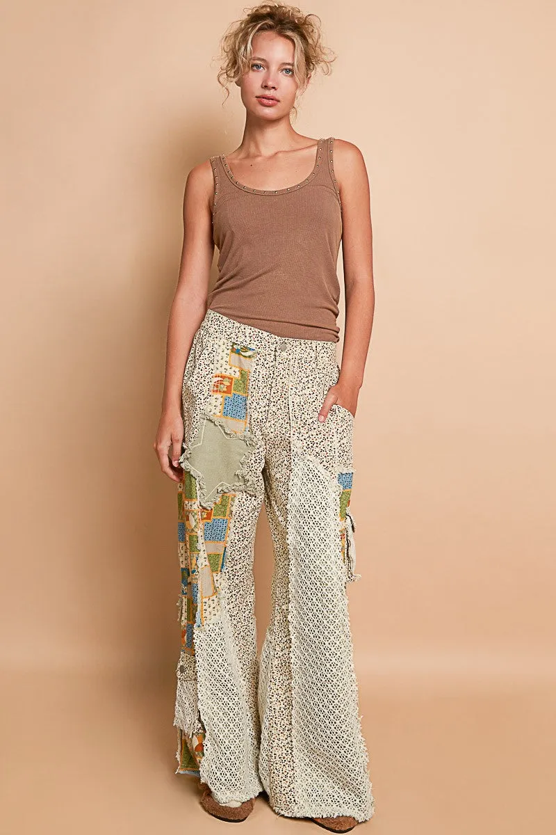 POL Relaxed Fit Twill Patchwork Pants in Almond/Yellow Multi