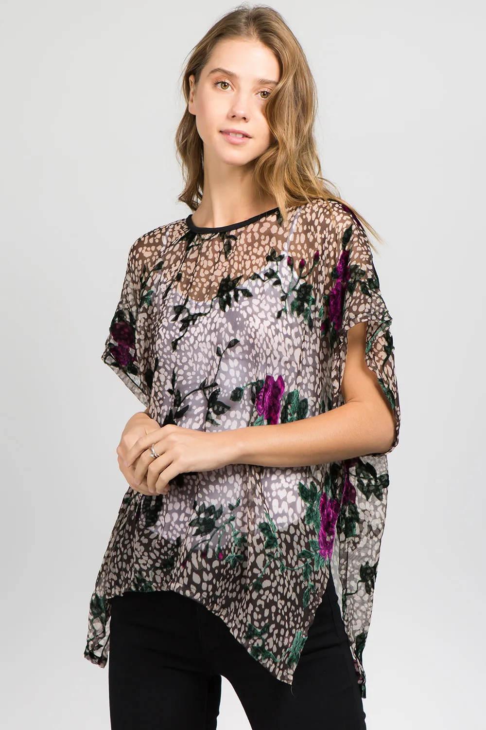 PP-8072 leopard & floral burnout poncho