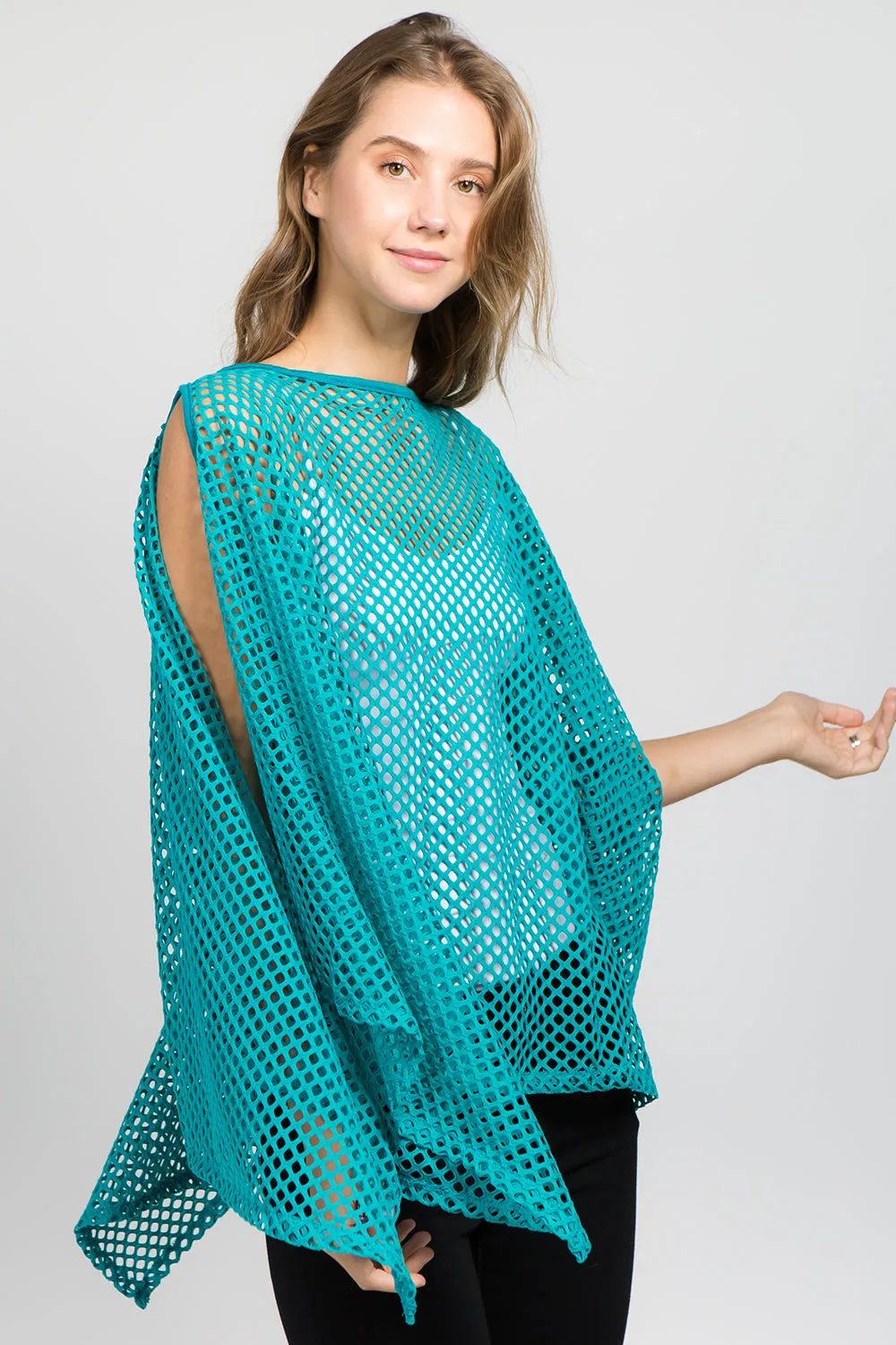 PP-8631 solid color fishnet poncho with open shoulder