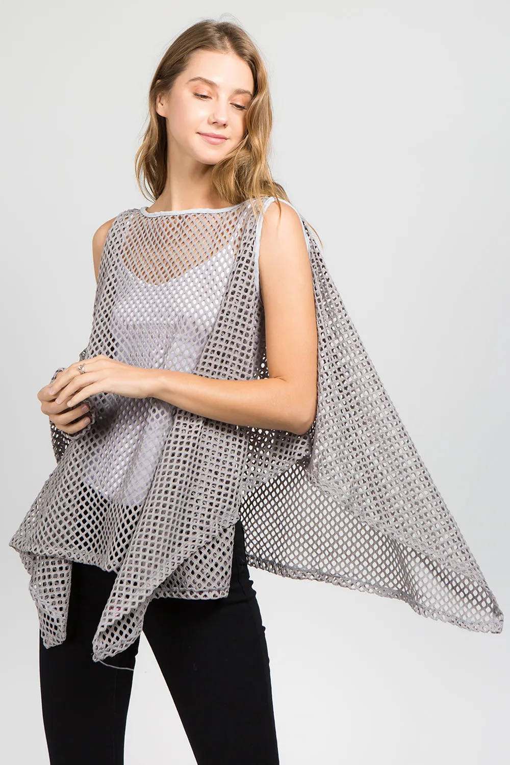 PP-8631 solid color fishnet poncho with open shoulder