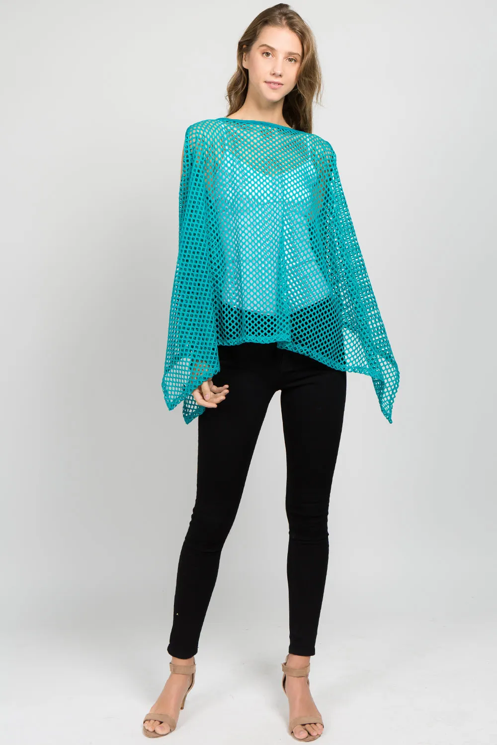 PP-8631 solid color fishnet poncho with open shoulder