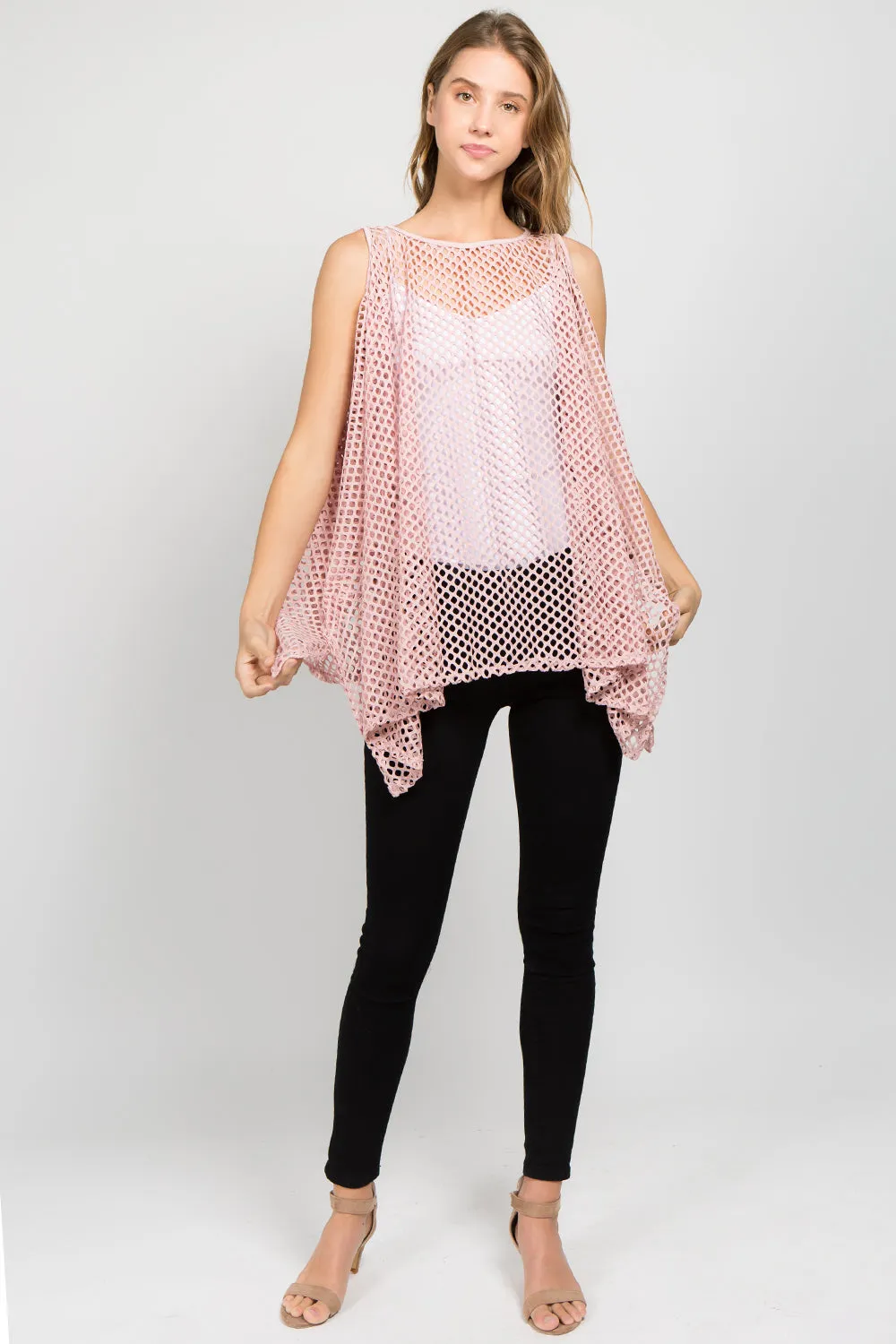 PP-8631 solid color fishnet poncho with open shoulder