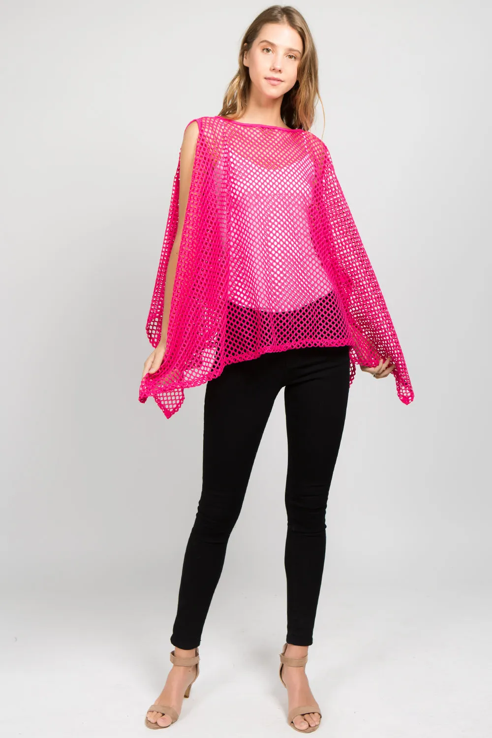 PP-8631 solid color fishnet poncho with open shoulder