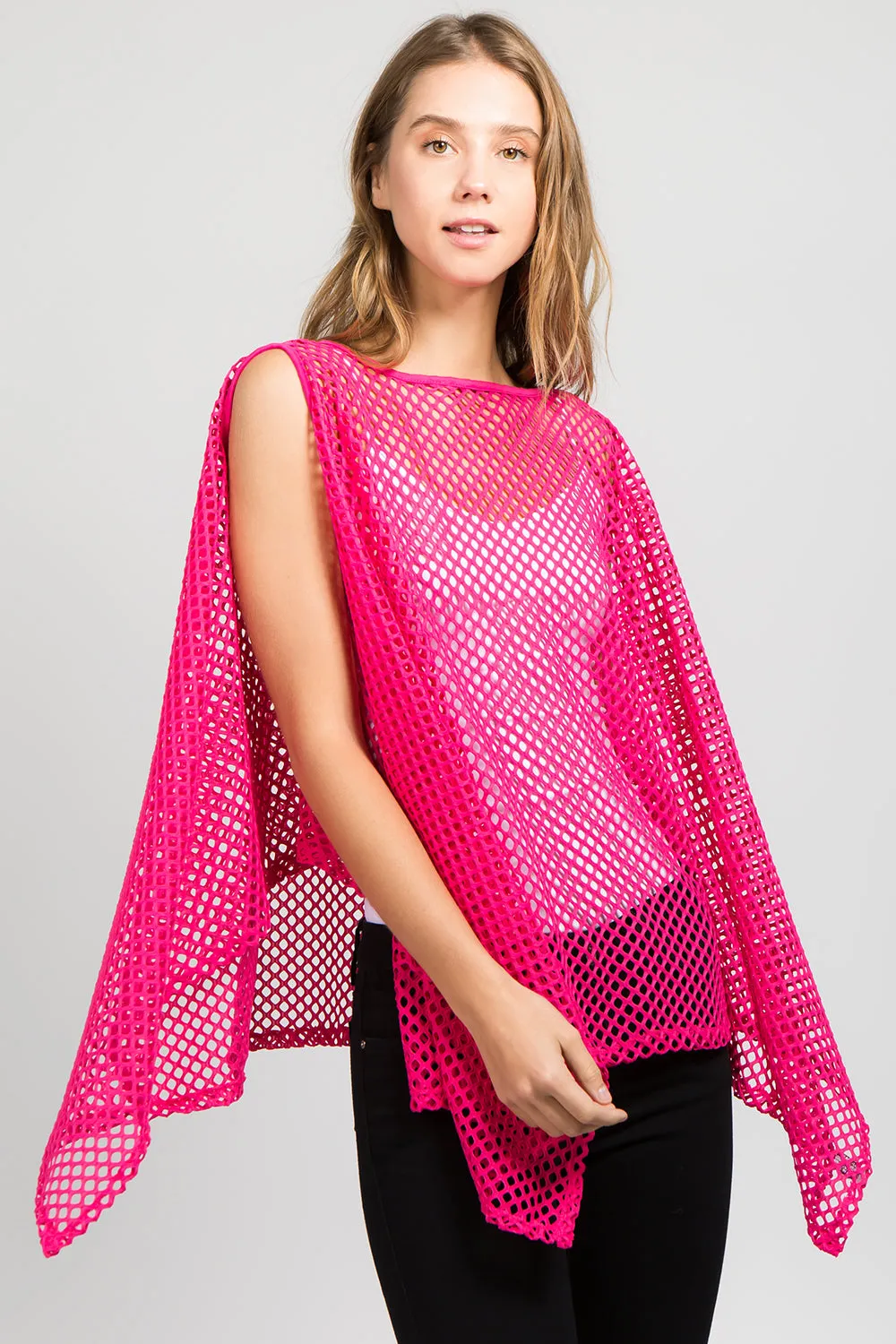 PP-8631 solid color fishnet poncho with open shoulder