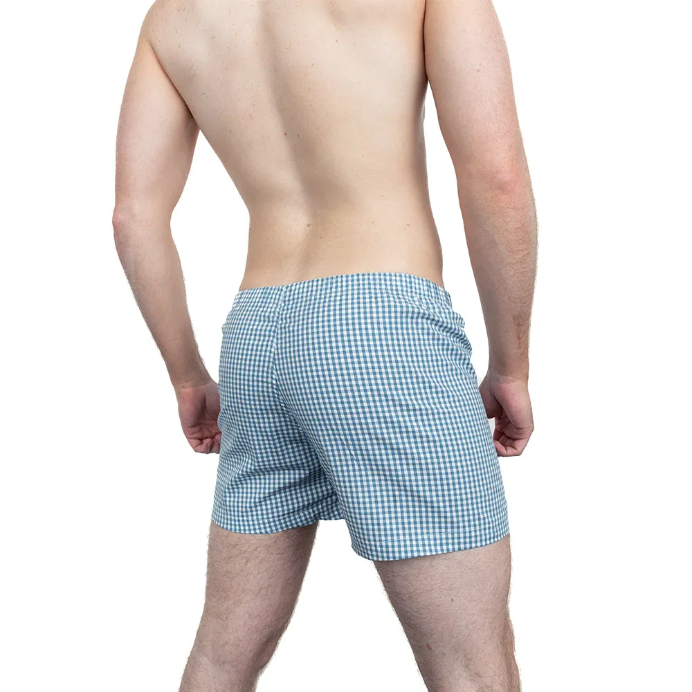 "JONNY" - Blue/Green & White Mini Gingham Boxer Short - Made In USA