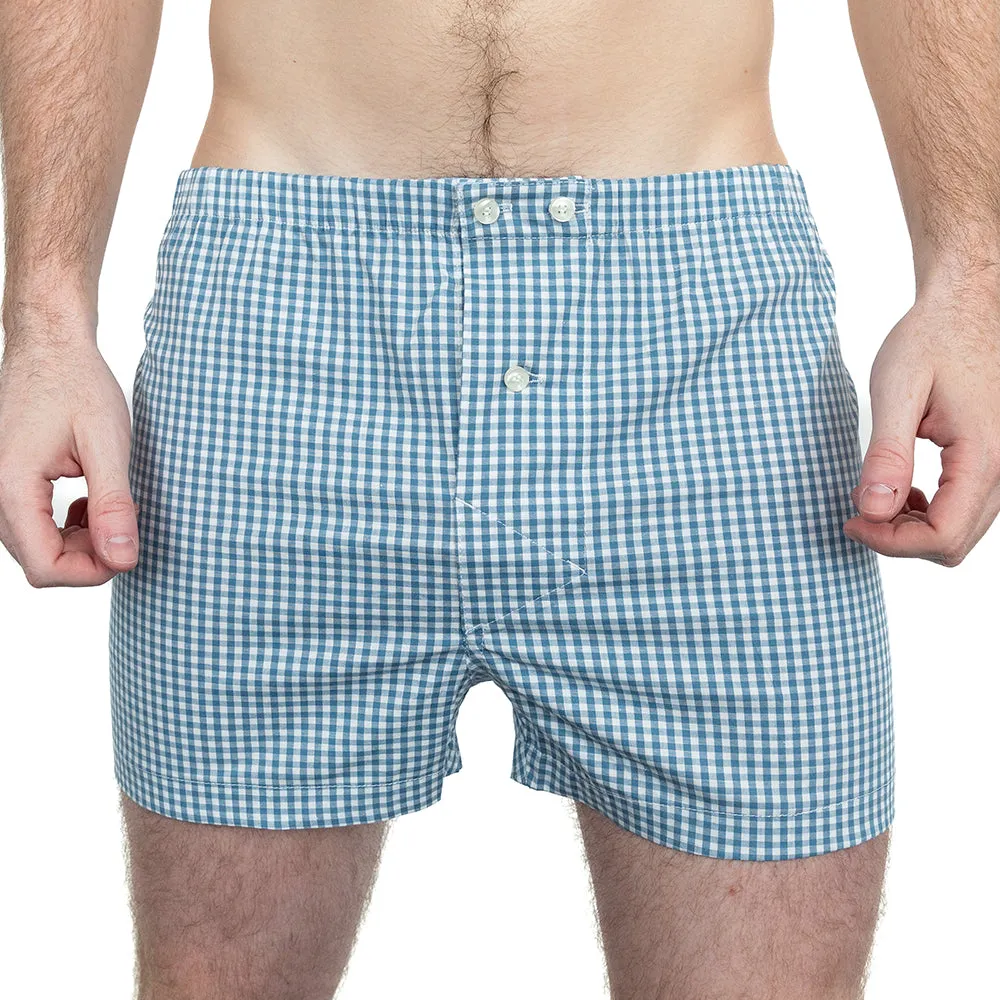 "JONNY" - Blue/Green & White Mini Gingham Boxer Short - Made In USA