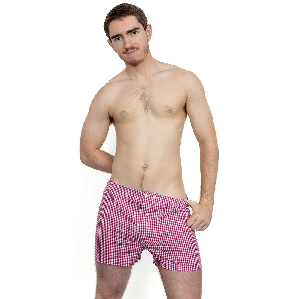 "KINGSTON" - Berry Red & White Mini Gingham Boxer Short - Made In USA