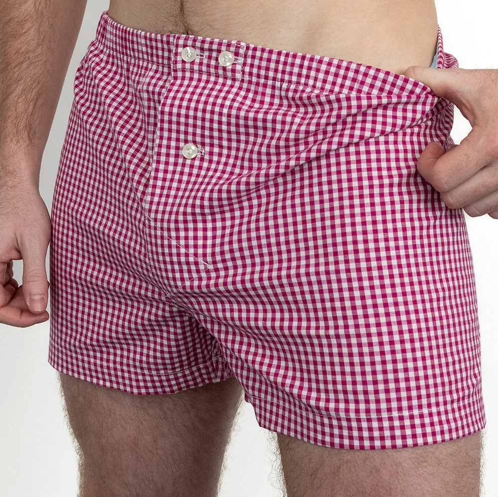 "KINGSTON" - Berry Red & White Mini Gingham Boxer Short - Made In USA