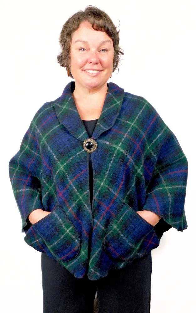 Recycled Yarn Wool Tartan Cape Jacket - McKenzie Tartan - Design Studio - Size L-2XL