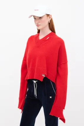 Red Distressed Wool Crop Sweater