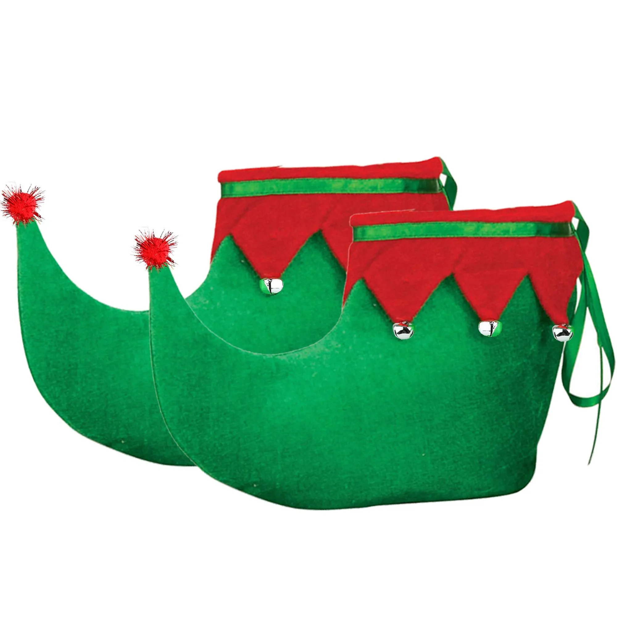 Red Green Elf Shoes - Red and Green Velvet Holiday Elf Feet Slippers with Jingle Bells for Adults and Kids