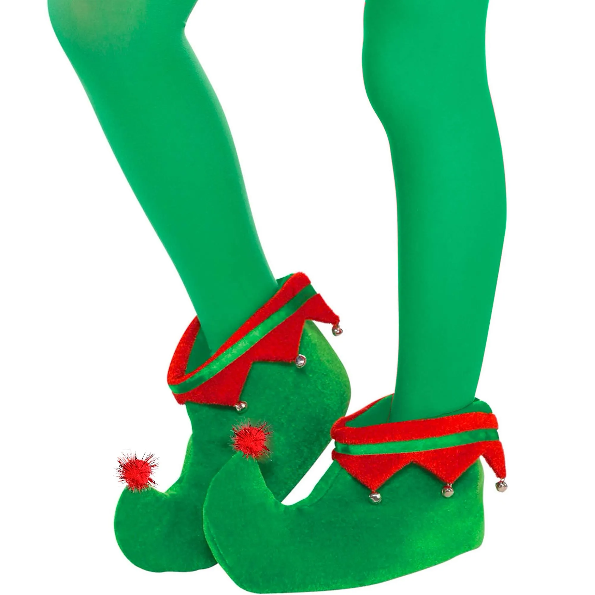 Red Green Elf Shoes - Red and Green Velvet Holiday Elf Feet Slippers with Jingle Bells for Adults and Kids