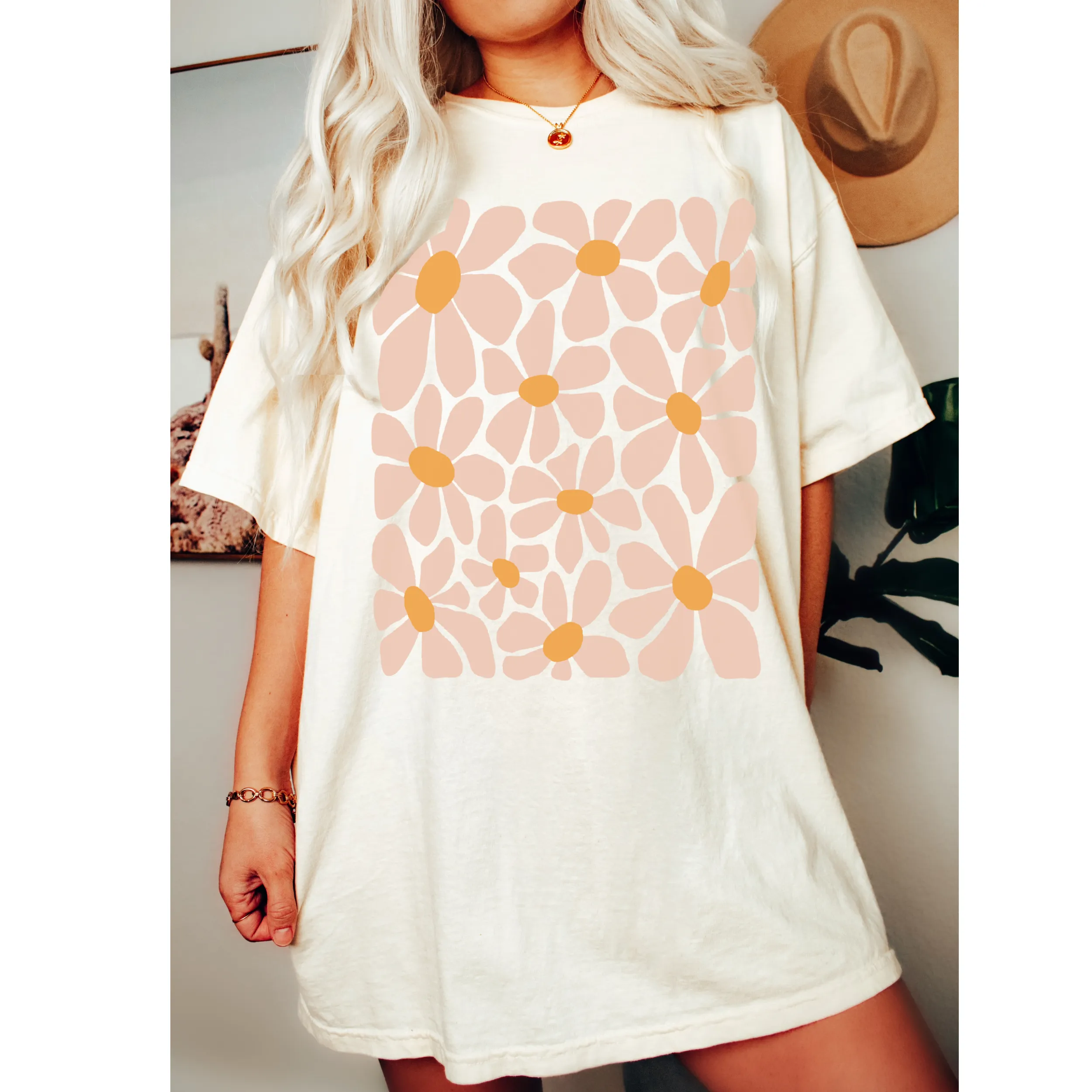 Retro Daisies, Hippie, Abstract Hand-Drawn Comfort Colors® T-Shirt, T-Shirt Dress, Psychedelic, Groovy Flower Shapes Tee