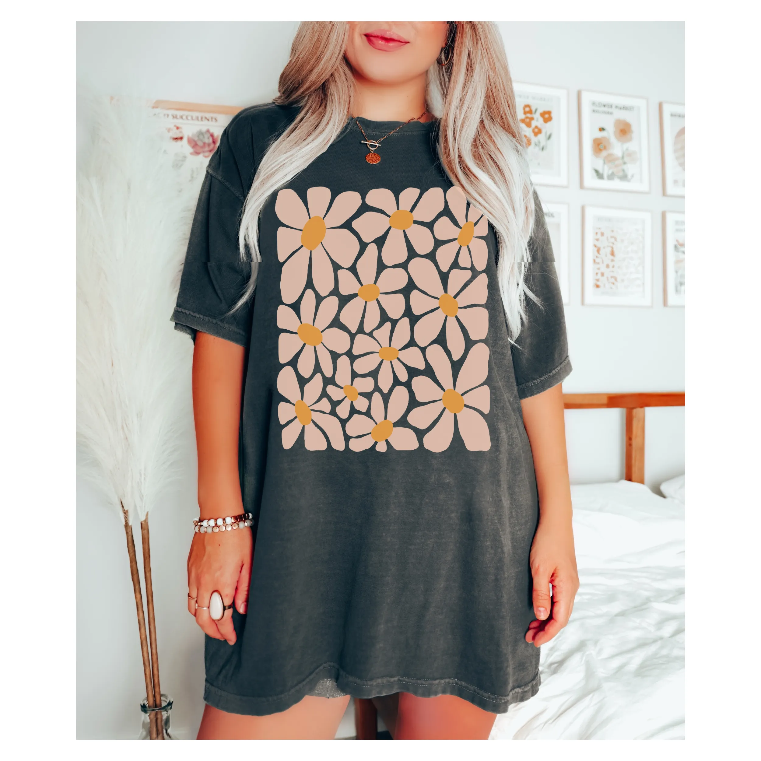 Retro Daisies, Hippie, Abstract Hand-Drawn Comfort Colors® T-Shirt, T-Shirt Dress, Psychedelic, Groovy Flower Shapes Tee