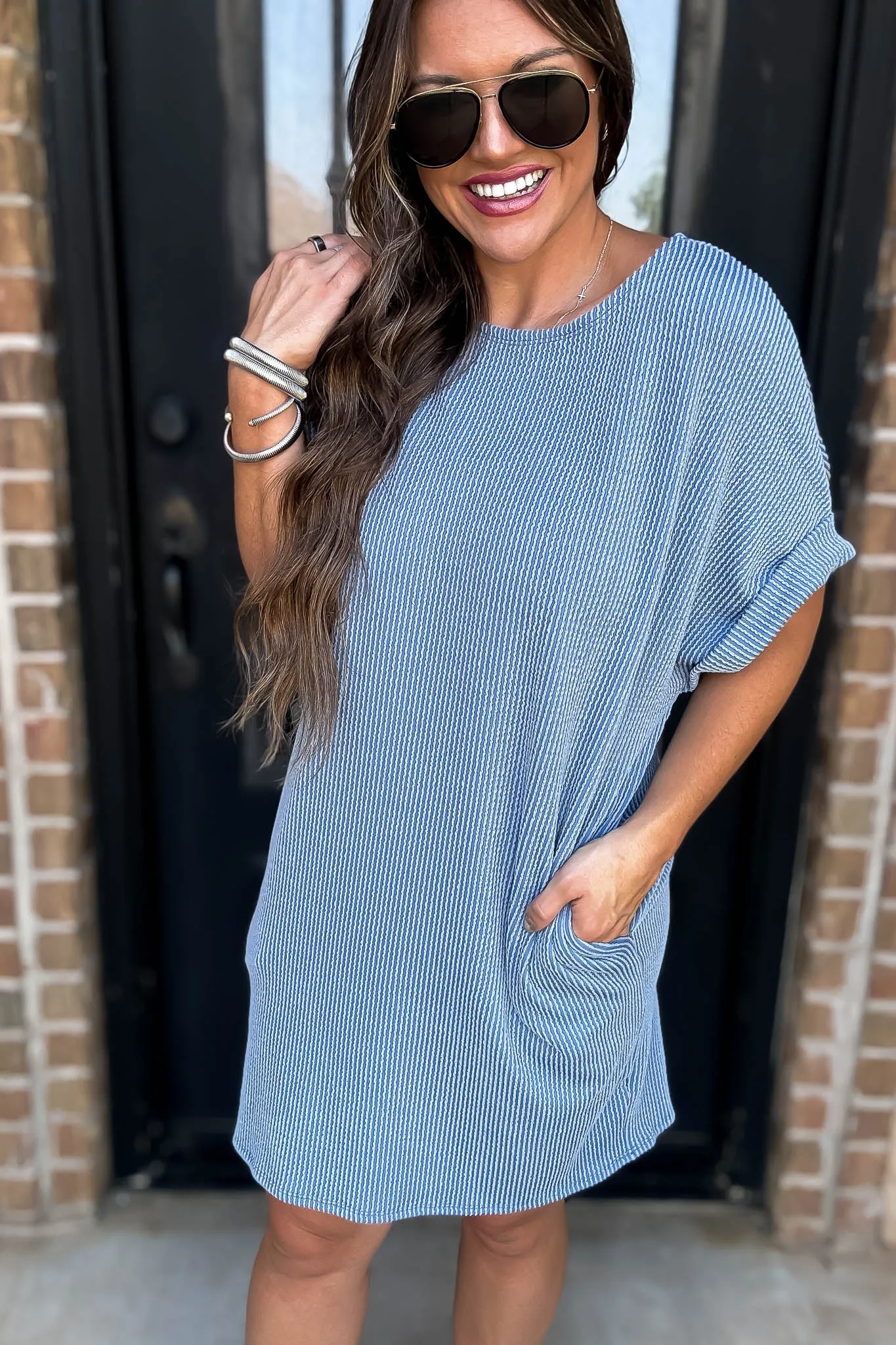 Ribbed Blue Knit Dress