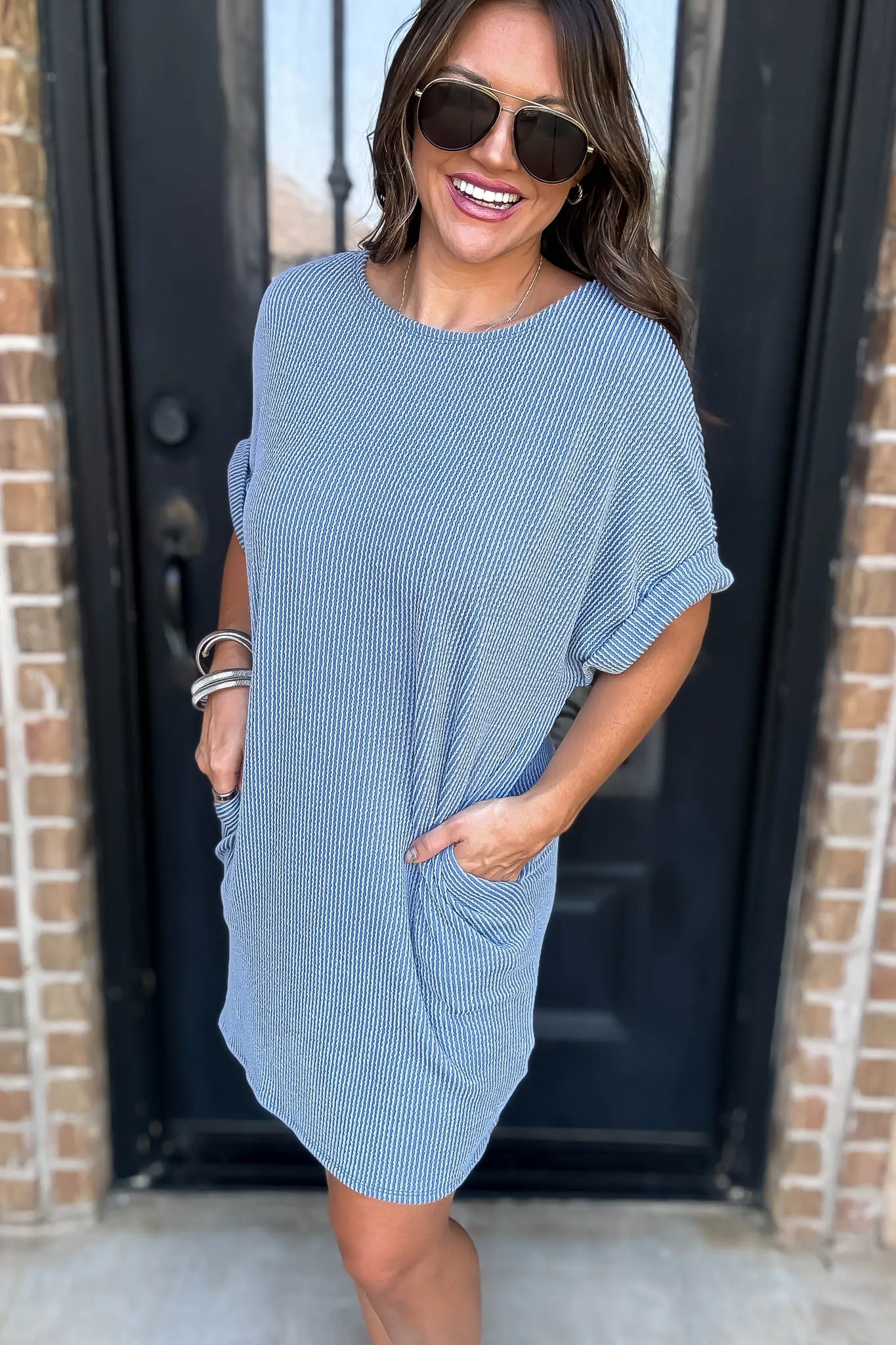 Ribbed Blue Knit Dress