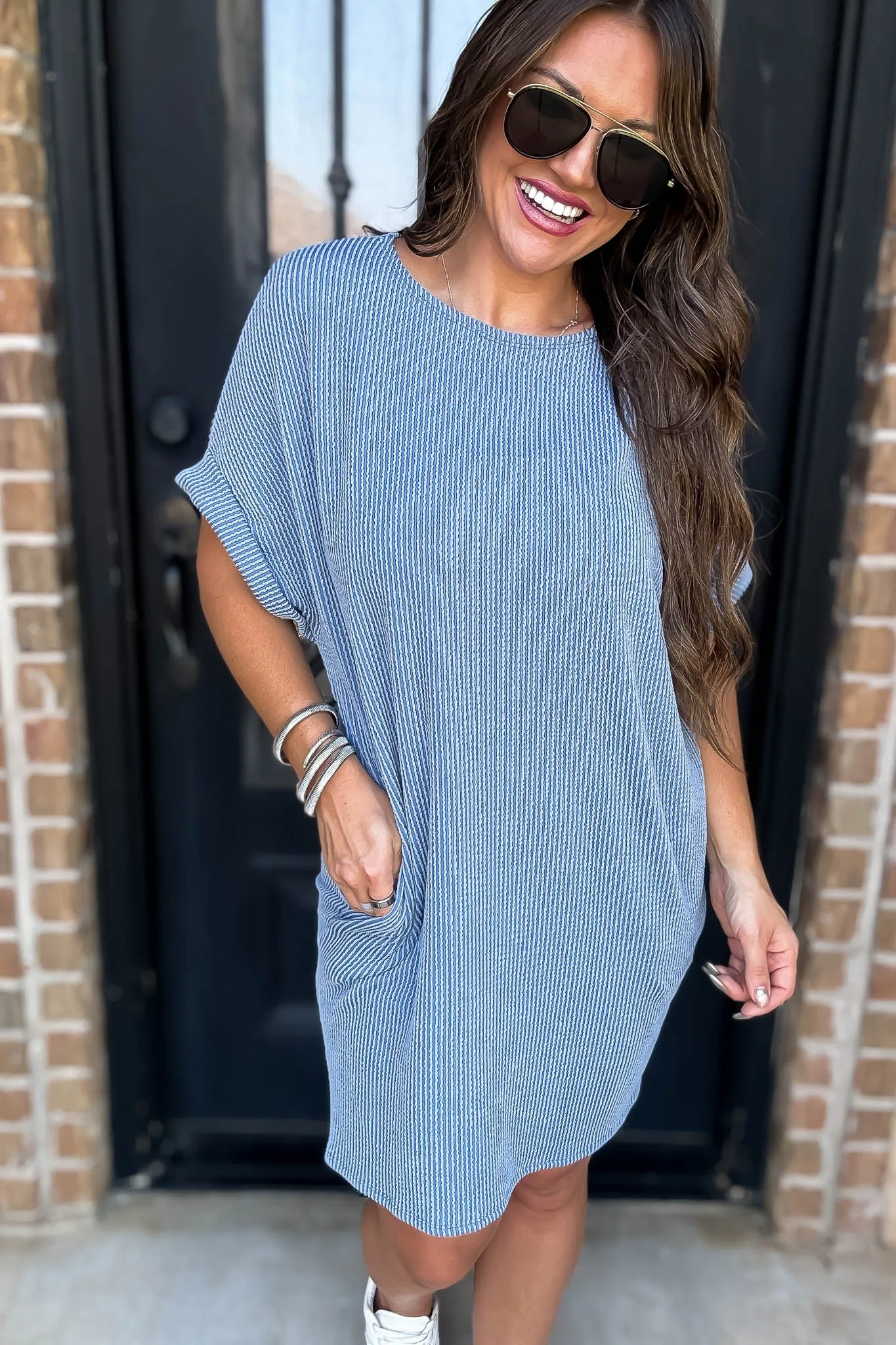 Ribbed Blue Knit Dress