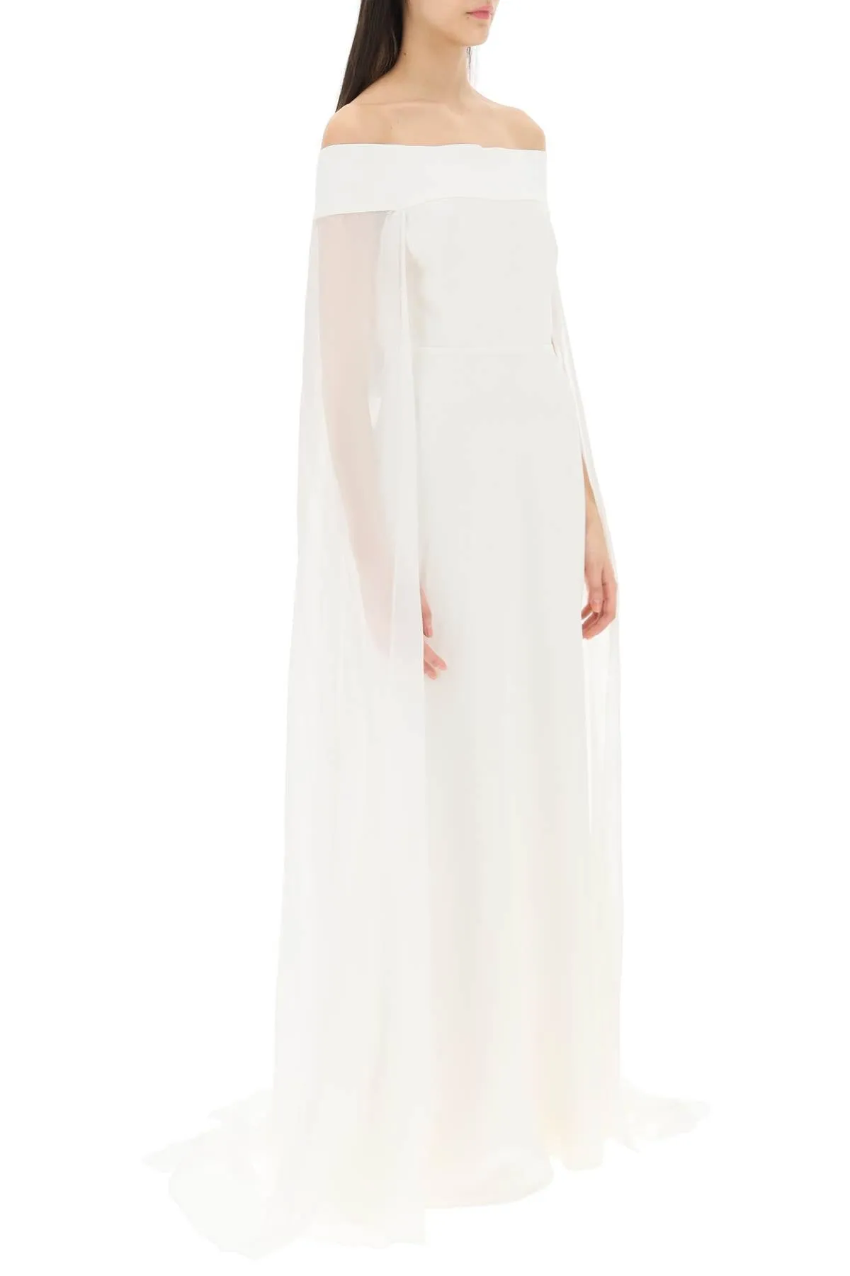 Roland mouret off-the-shoulder cady gown with chiffon cape